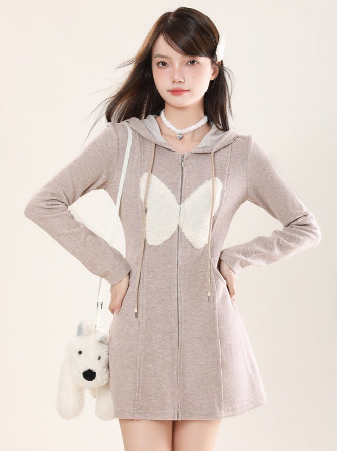 butterfly hooded zip knit dress