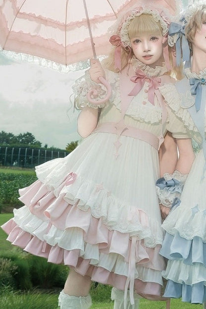 【8月29日予約締切】Blue x White/ Pink x White Doll Sweet Lolita Asymmetrical Ruffle Dress Full Set （with Pointed Collar + Bow Tie + Waist Belt）