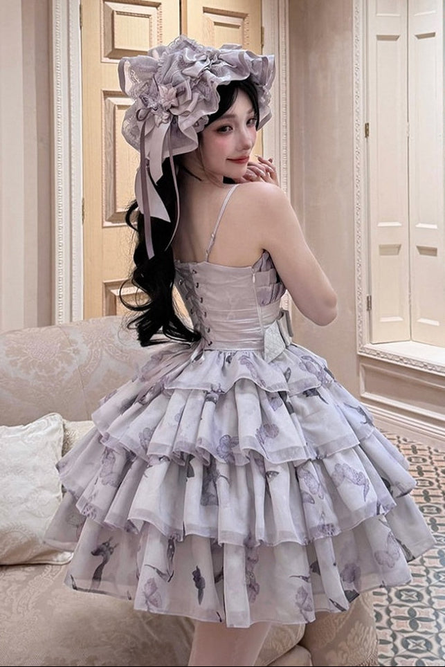 [Scadenza prenotazione 98] Mini abito dolce Lolita a balze con ricamo di gigli, fiocco e farfalla Black x Purple / White x Purple