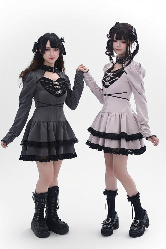 [Reservierungsschluss 28. September] Pink x Schwarz/Grau x Schwarz Gothic-Kleid mit herzförmigem Ausschnitt, Gürtelkragen, Spitzenbesatz und Schleifendetail
