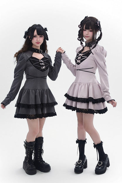 [Reservierungsschluss 28. September] Pink x Schwarz/Grau x Schwarz Gothic-Kleid mit herzförmigem Ausschnitt, Gürtelkragen, Spitzenbesatz und Schleifendetail