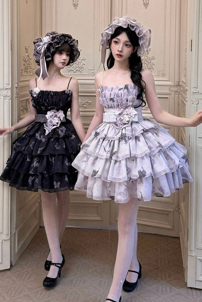 [Scadenza prenotazione 98] Mini abito dolce Lolita a balze con ricamo di gigli, fiocco e farfalla Black x Purple / White x Purple