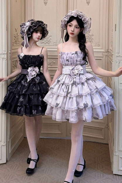 [Scadenza prenotazione 98] Mini abito dolce Lolita a balze con ricamo di gigli, fiocco e farfalla Black x Purple / White x Purple