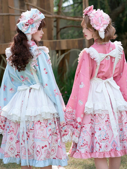 【10月21日予約締切】Pink/Blue Hanfu-inspired Little Lamb Tea Party Lace Wide Sleeve Blouse + Printed Ruffle Skirt + Pleated Mamian Skirt + Strawberry Embroidered Ribbon Lace Apron