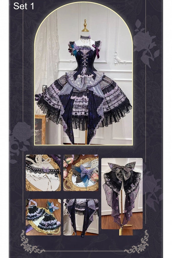 [Pre-order Deadline: August 29] Purple x Black Dark Gothic Butterfly Lace-Up Corset Bustier + Lace Ruffle Layered Skirt (with Front Ruffle Train) Matching Set + Dress Set 1/2/3