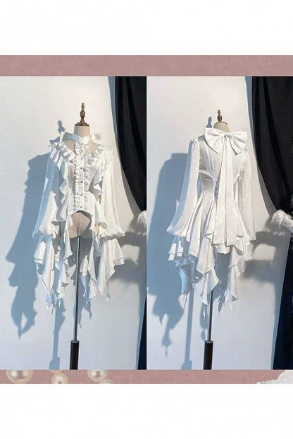 [November 9 Preorder Deadline] Victorian Gothic Lolita Halter-Neck Blouse with Flared Sleeves, an Asymmetrical Frill, and a Train