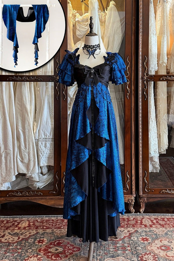 [Pre-order Deadline: October 5] Red/Blue Elegant Gothic Cascade Ruffle Empire Dress [Short/Long] + Full Dress Set (Shawl, Butterfly Brooch, Waist Chain, Back Bow Train)