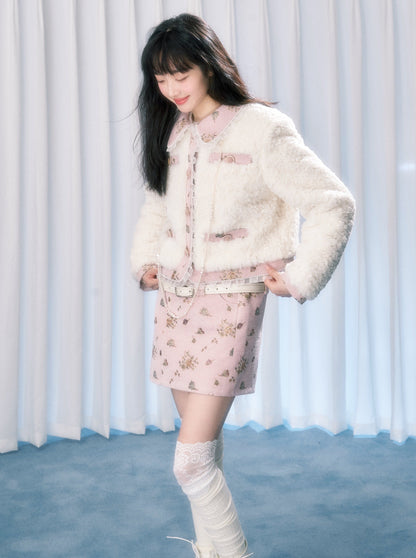 Small Fragrance Sweet Flower Fur Jacket + Tight Mini Skirt + Tight Long Skirt