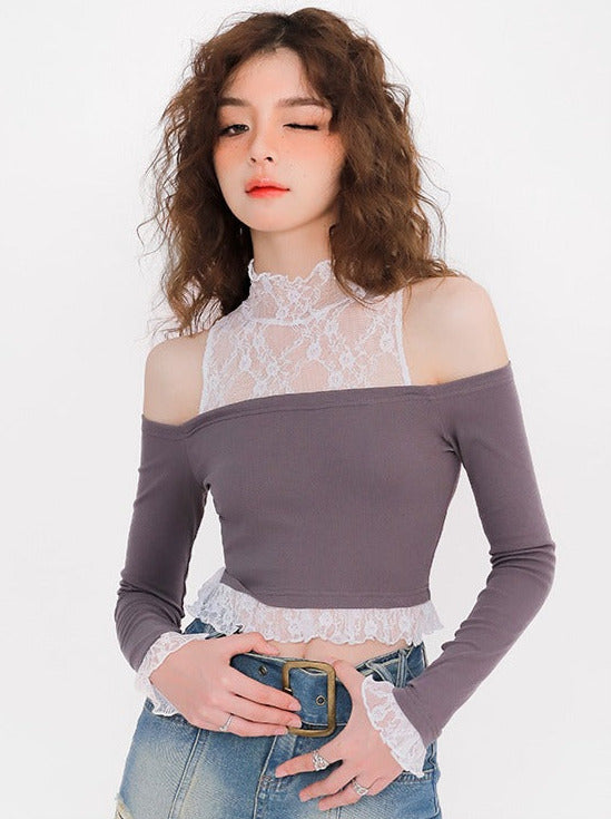 レースフリルスタンドカラーオフショルレイヤードトップ