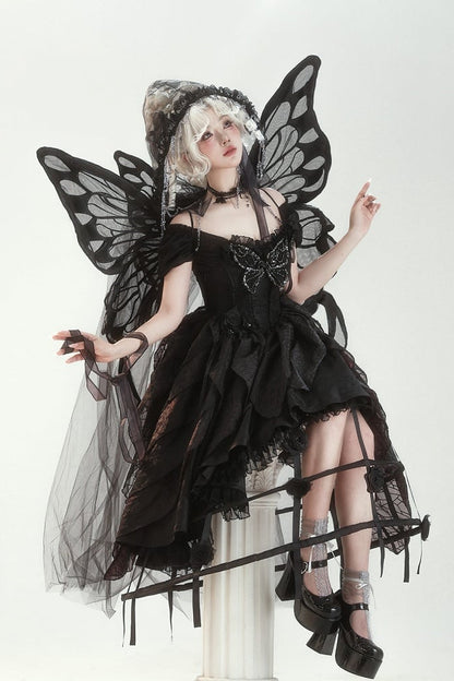 【10月28日予約締切】Black Butterfly Gothic Lolita Puff Sleeve Dress Top + Layered Ruffle Asymmetrical Hem Skirt Set (With Chest Brooch + Waist Brooch)