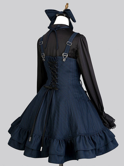 【12月26日予約締切】ゴシックロリータダークカラーストライプリボンサスドレス