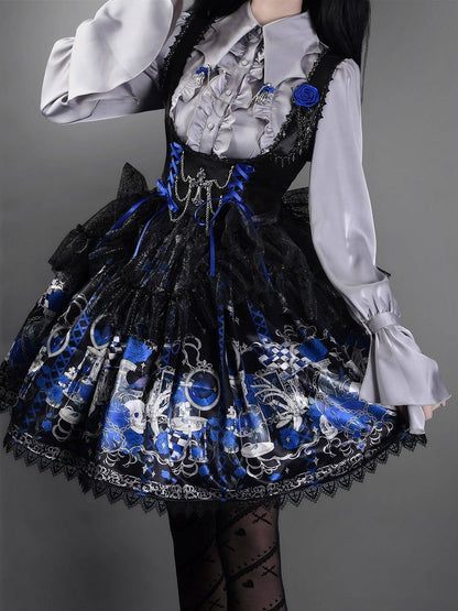 [Reservierungsschluss am 26. Juni] Blau/Schwarz/Grau/Grün/Lila/Weiß Gothic-Lolita-Hemd mit Fledermausflügel-Kragen und eleganten Rüschen-Flare-Ärmeln