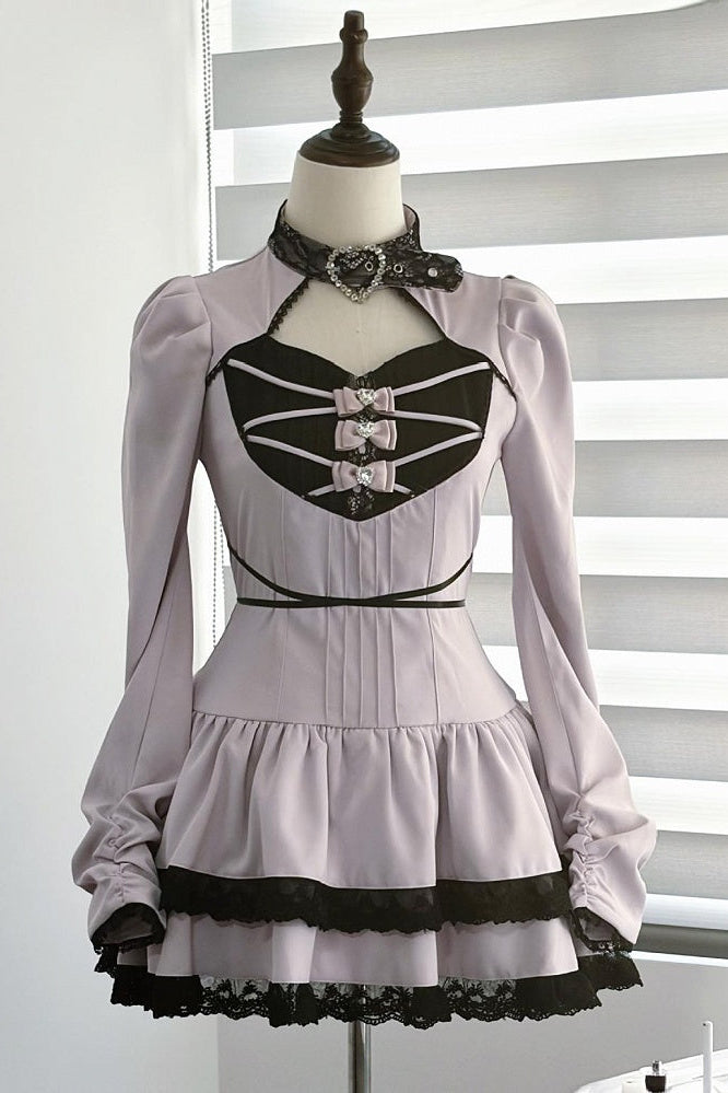 [Reservierungsschluss 28. September] Pink x Schwarz/Grau x Schwarz Gothic-Kleid mit herzförmigem Ausschnitt, Gürtelkragen, Spitzenbesatz und Schleifendetail