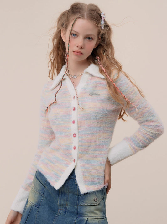 American Retro Knit Colorful Polo Collar Cardigan