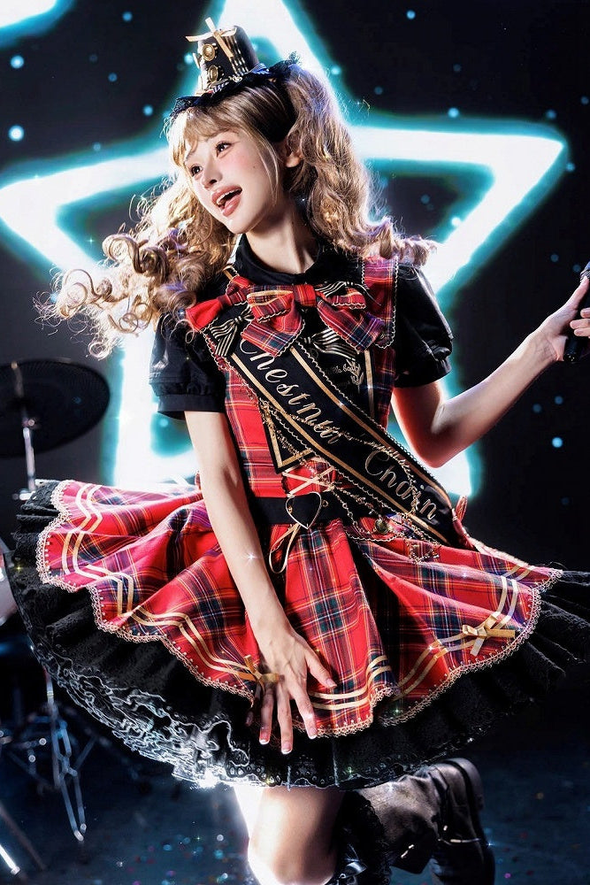 [Vorbestellung bis 18. Juli] Blau/Rot/Grün Idol-Lolita-Vintage-Karo-Goldbär-Schleifen-Spitzen-JKS-Kleid-Set 1/2/3 + Halsschleife