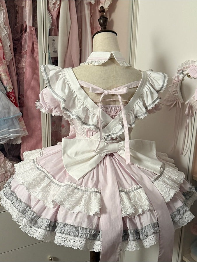 [Pre-Order] Pink Sweet Lolita Ruffle Maid Dress Set (Detachable Collar with Bells + Waist Apron with Ribbon + Back Ribbon + Leg Rings)