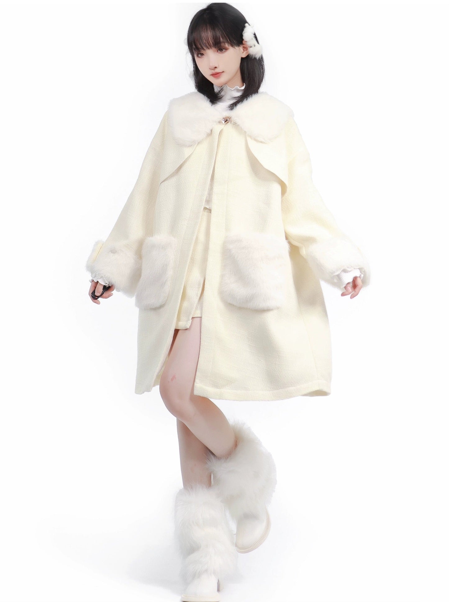 Pure White Snow Fur Jacket Top Skirt Leg Warmer Set