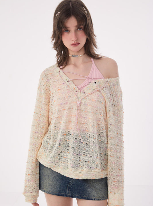 American Retro Lace-Up Neck Collar Colorful Top