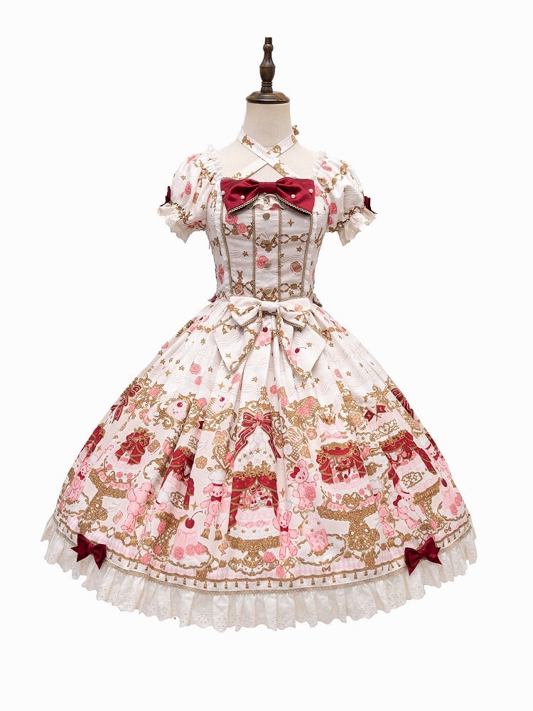 【4月26日予約締切】レトロロマンスイートロリータリボンケーキプリントホルターネックドレス
