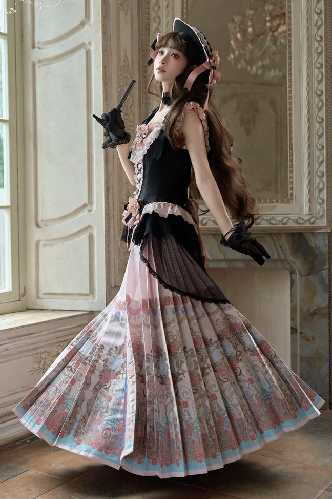 【10月10日予約締切】Black Pink Romantic Rose Castle Classic Lolita Bustier Top Castle Print Pleated Skirt Set-up + Complete Set(Rose Ribbon Lace Hat + Ribbon Hair Clip Included)