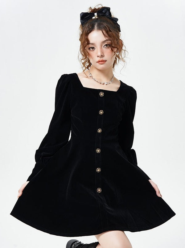 Square Neck Velvet French Black Dress