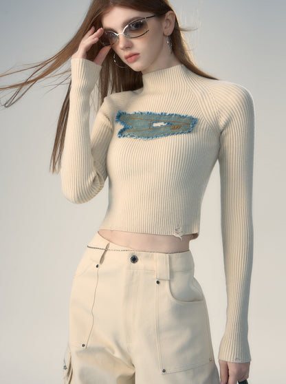 American Retro Stand Collar Slim Knit Top