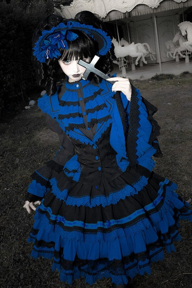 [Vorbestellfrist: 13. Juli] Kleinblaue Gothic-Lolita-Rüschen-Stufenkleid-Komplettset