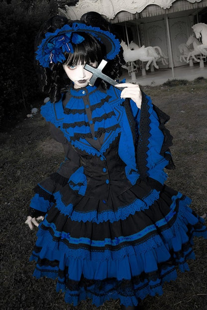 [Vorbestellfrist: 13. Juli] Kleinblaue Gothic-Lolita-Rüschen-Stufenkleid-Komplettset