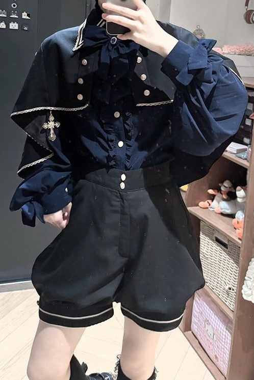 [Date limite de réservation : 13 septembre] Ensemble élégant prince bleu foncé/blanc en quatre pièces [chemise à volants, gilet, short, 4 rubans]