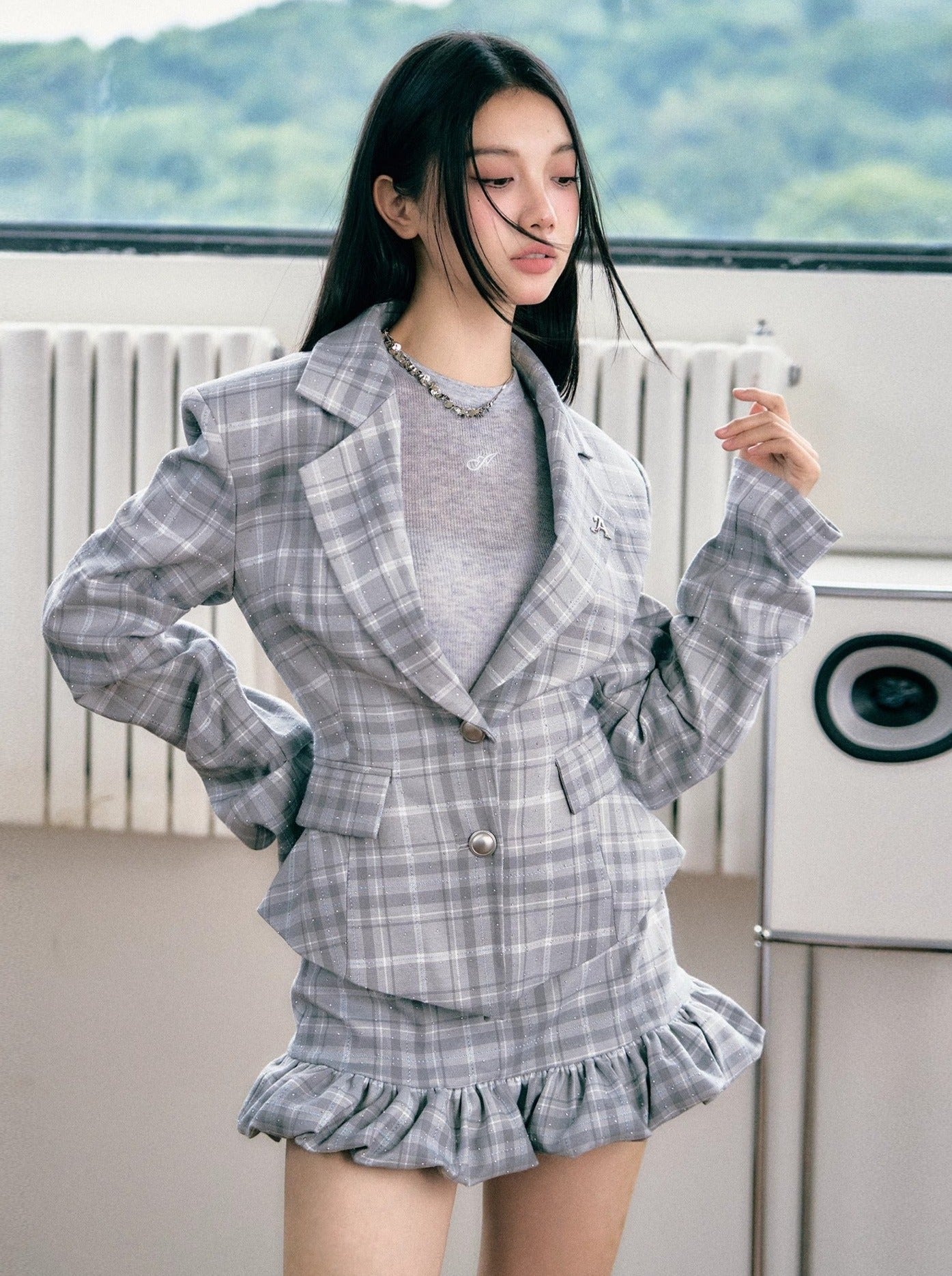 Diamond Check Waist Blazer + Short Skirt + Long Skirt