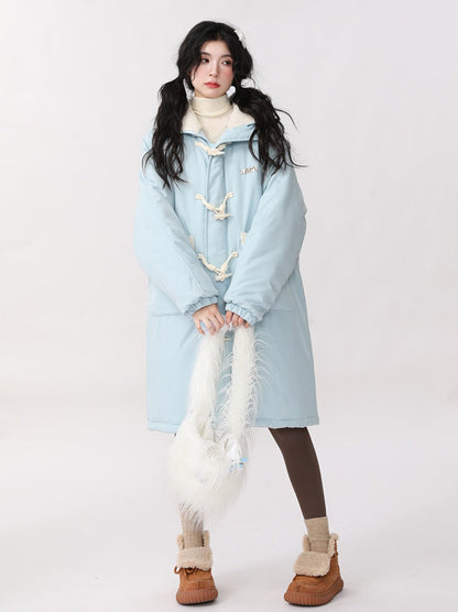 Horn Button Lamb Wool Splicing Hooded Cotton Coat