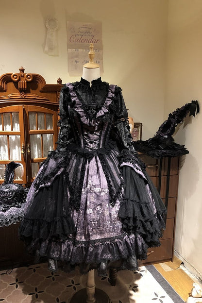 【10月30日予約締切】Purple And Black Gothic Lolita Dress Complete Set [Bunny Ear Hat Version/Witch Hat Version] (Witch Print Bustier Dress + Black Short-Sleeved Blouse + Bat Wing Back Train + Detachable Princess Sleeves)