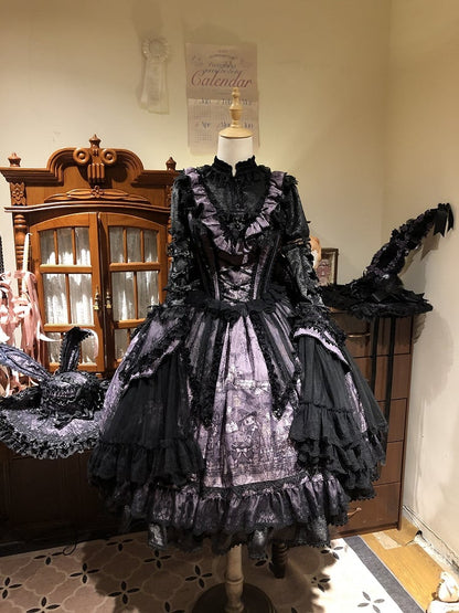 【10月30日予約締切】Purple And Black Gothic Lolita Dress Complete Set [Bunny Ear Hat Version/Witch Hat Version] (Witch Print Bustier Dress + Black Short-Sleeved Blouse + Bat Wing Back Train + Detachable Princess Sleeves)
