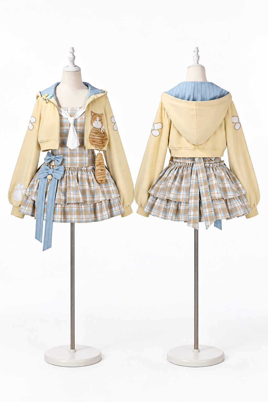 【10月27日予約締切】Yellow &amp; Blue Cat Motif&nbsp; Long-Sleeve Cropped Zip-Up Hoodie + Check Ribbon Sleeveless Dress Set with Fur Cat Tail Decoration
