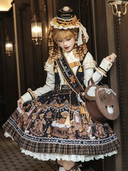 [Reservierungsschluss 8. September] Classic Bear Lolita-Stufenkleid mit weißem Kragen, Karomuster, Spitze und Schleife+Vintage-JSK-Kleid mit Teddybär-Print und Spitze+Vintage-Lolita-Kleid mit Teddybär-Print, Karokragen und klassischem Karomuster