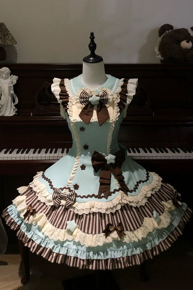 [Reservierungsschluss 22. Juni] Süßes Lolita-Stufenkleid in Pastell und Schwarz mit Sternen und Schleifen
