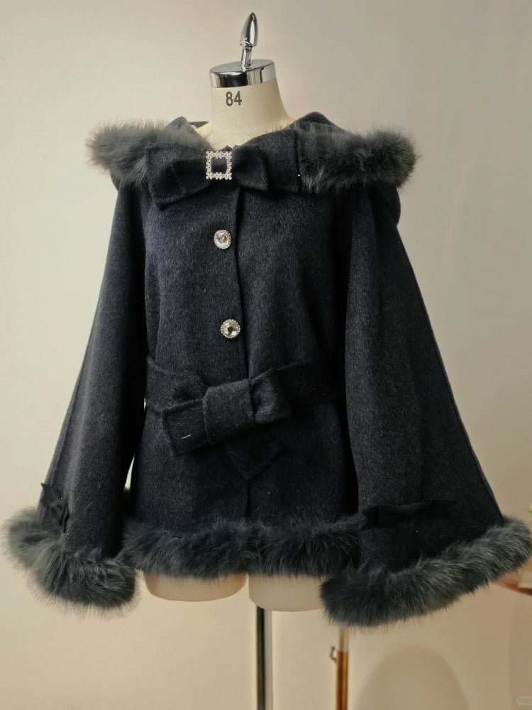 [Deadline for reservations: December 18] Bunny Ear Hoodie Fur Ribbon Cape Coat