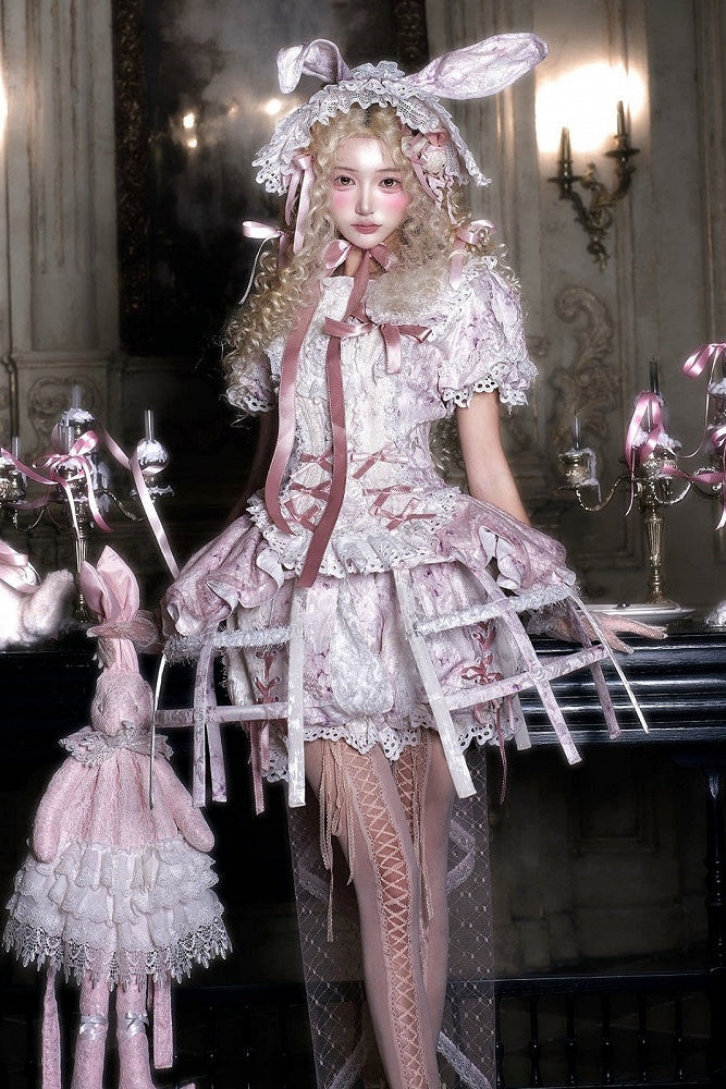 [Date limite de précommande : 6 octobre] Pink Castle Bunny ensemble poupée romantique avec haut corset à manches bouffantes en dentelle + short + surjupe à volants + surjupe cage à oiseaux Set 1/2/3