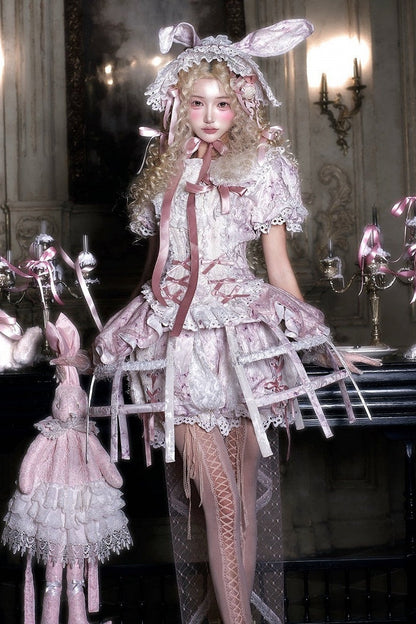 [Date limite de précommande : 6 octobre] Pink Castle Bunny ensemble poupée romantique avec haut corset à manches bouffantes en dentelle + short + surjupe à volants + surjupe cage à oiseaux Set 1/2/3
