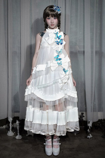 [Pre-order Deadline: October 14] Black/White Gothic Lolita Blue Butterfly Bow Tulle Ruffle Layered Halter Dress