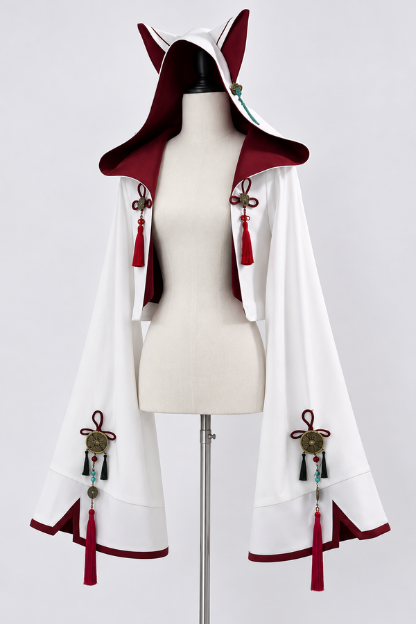 [Reservation Deadline: November 1] White Fox Chinese Fantasy-Style Fox-Ear Hooded Jacket + Black Mandarin-Collar Sleeveless Crop Top + White & Red Fox Shorts