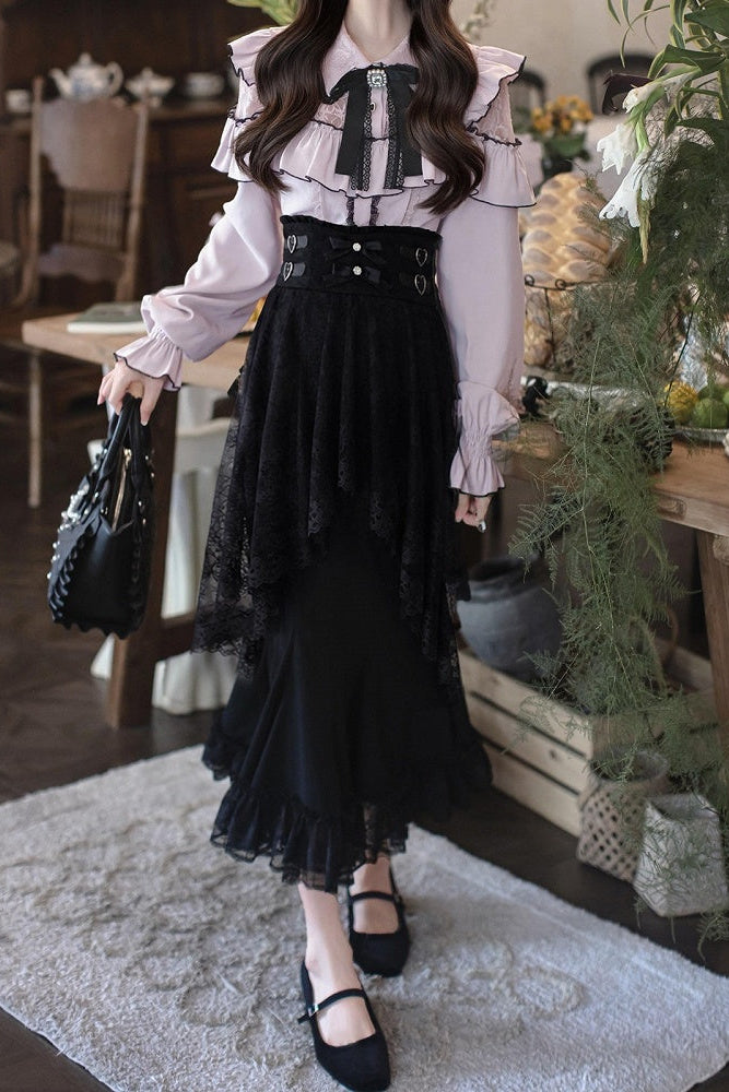 [Termine prenotazione 29 settembre] Blusa rosa in pizzo trasparente con volant e fiocco gioiello + gonna a sirena in tulle a strati + minigonna in pizzo con fiocco gioiello