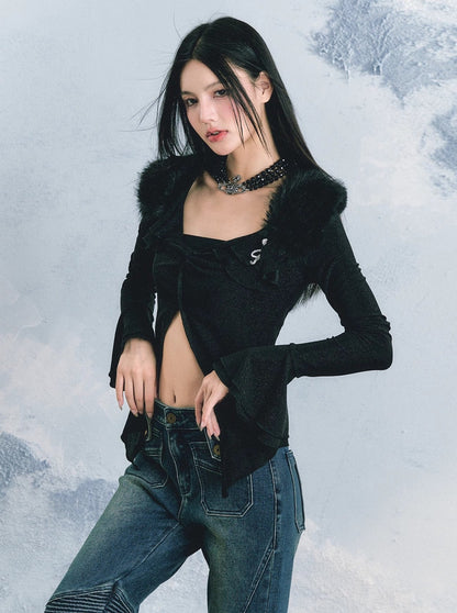 Splicing Fur Knit Slit Cardigan