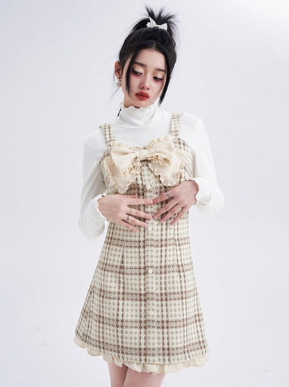 Check French Ribbon Suspender Skirt