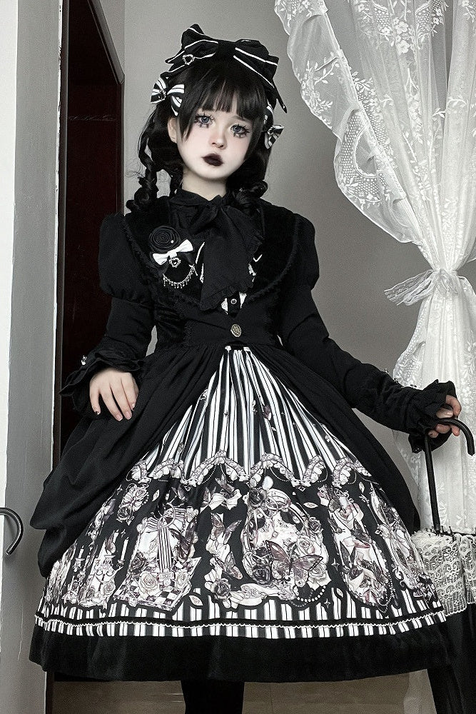 【10月3日予約締切】Black/White Elegant Gothic Lace Puff Sleeve Shirt with Detachable Sleeves and Bow Tie