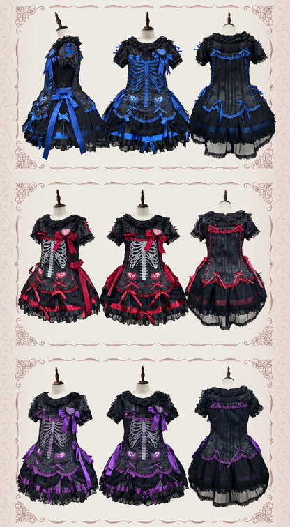 【11月4日予約締切】Blue-Black/Red-Black/Purple-Black Gothic Lolita Puff-Sleeve Lace Bow Doll Dress With Bone Embroidery Apron