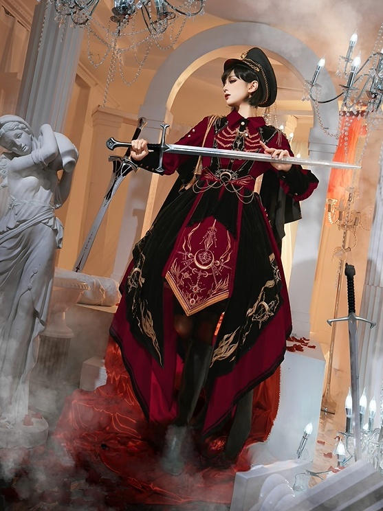 [Pre-order Deadline: November 16] Holy Army Red Black Embroidery Military Uniform Cape Dress Complete Set + Dress Set