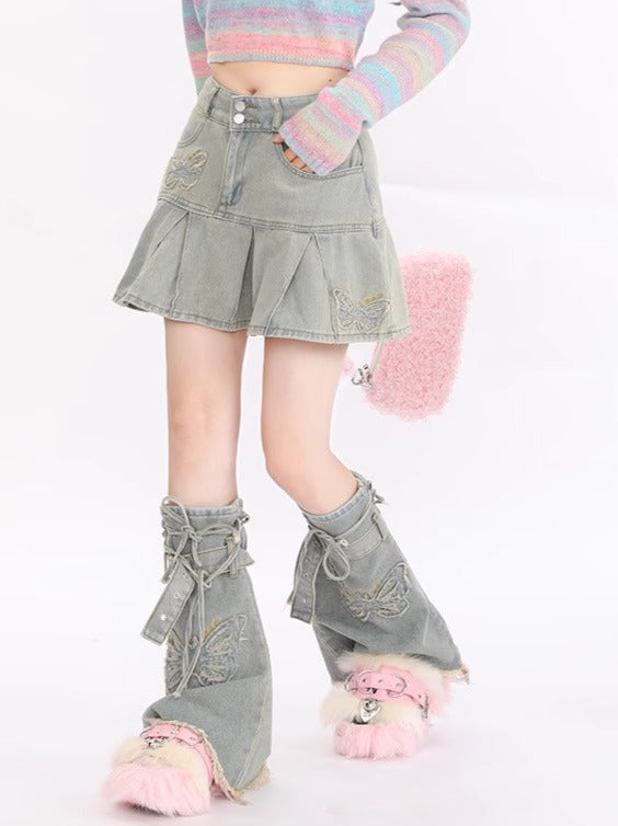 American Retro Two Piece Denim Skirt Butterfly Leg Warmer Skirt