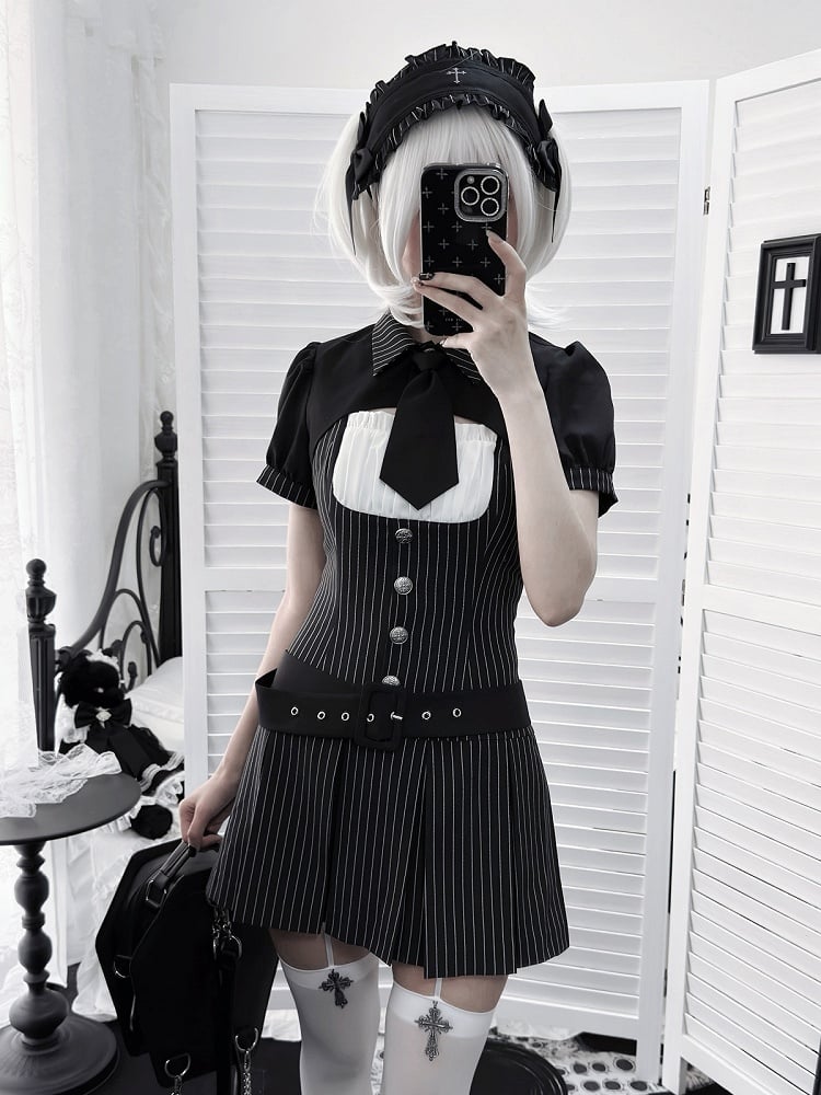 【4月29日予約締切】ブラックピンストライプタイカラーショートジャケットドレスフルセット＋ジュエルキャスケット