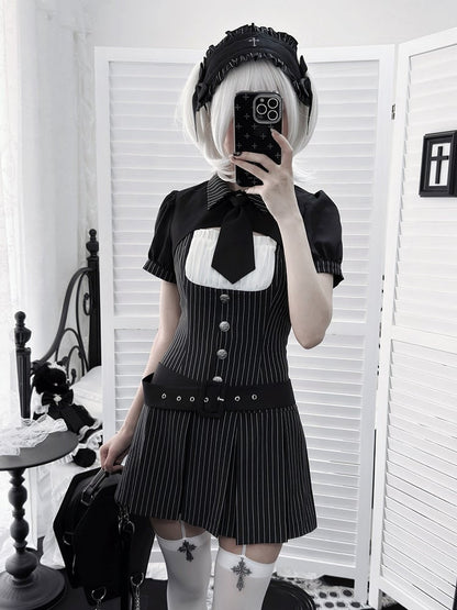 【4月29日予約締切】ブラックピンストライプタイカラーショートジャケットドレスフルセット＋ジュエルキャスケット